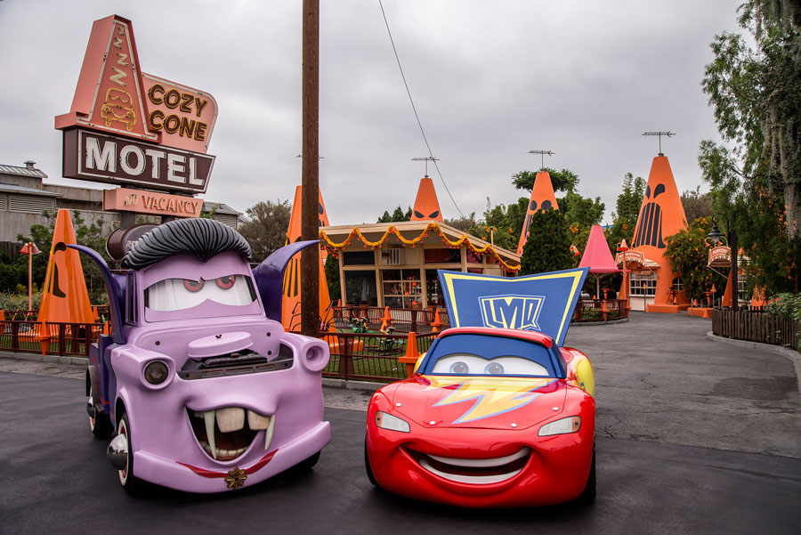 Lightning McQueen and Mater in their Halloween car-stumes