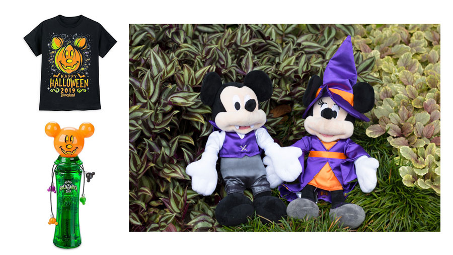 “Happy Halloween” kids t-shirt, glow pumpkin spin toy and Mickey vampire and Minnie witch plush toy