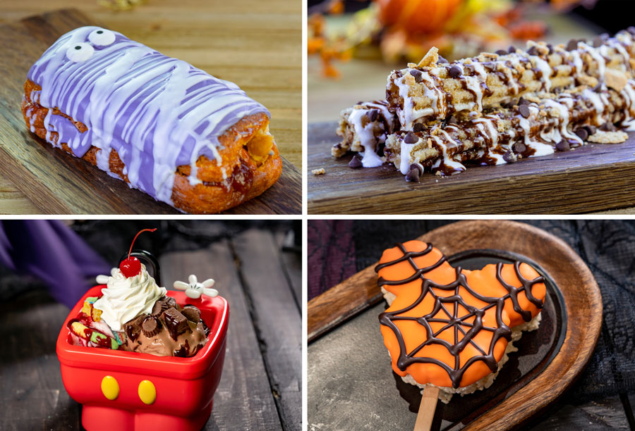 Peanut butter and jelly Mummy Donut, S’mores Churro, Trick-or-Treat Sundae Duo, and Mickey-shaped Spider Web Crispy Treat