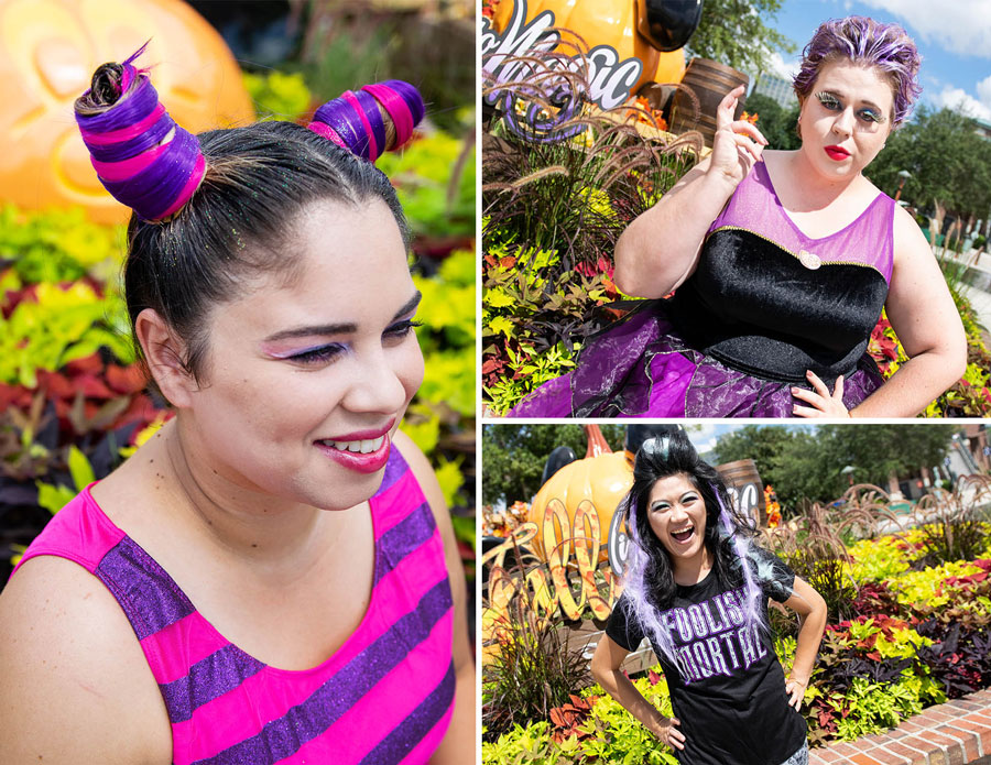 Three DisneyStyle and Character Couture looks including Madame Leota, Ursula, and the Cheshire Cat