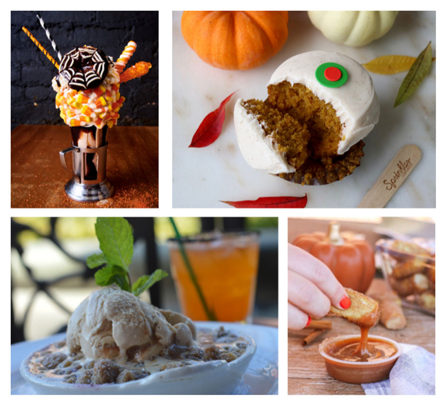 Treat collage featuring a Halloween CrazyShake from Black Tap Craft Burgers & Shakes, a cupcake from Sprinkles, Apple Booberry Cobbler from Ralph Brennan's Jazz Kitchen and Pumpkin Spice Caramel Dip from Wetzel's Pretzels