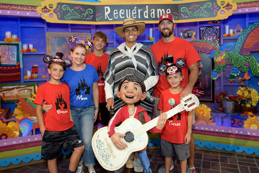 Actress Melissa Joan Hart, her husband Mark Wilkerson, and their kids, Mason, Braydon, and Tucker, meet Miguel of Disney and Pixar’s film “Coco” at Disney California Adventure Park