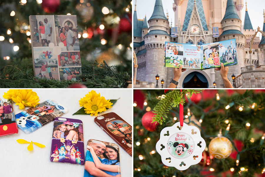 Collage of Disney PhotoPass gift items - photo canvas, photo book, phone cases and ornament