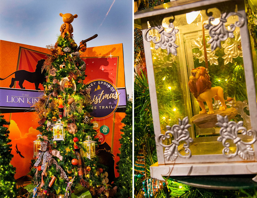 Disney Springs Christmas Tree Trail "The Lion King"-inspired tree and close-up of "The Lion King" ornament