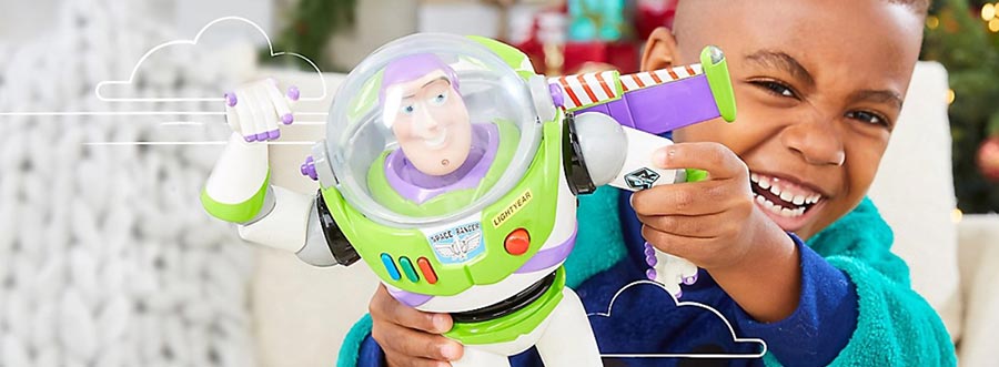 Child playing with Buzz Lightyear toy.