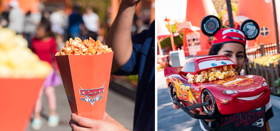 Collage of Popcorn from Cozy Cone Motel at and Lightning McQueen popcorn bucket Disney California Adventure park 