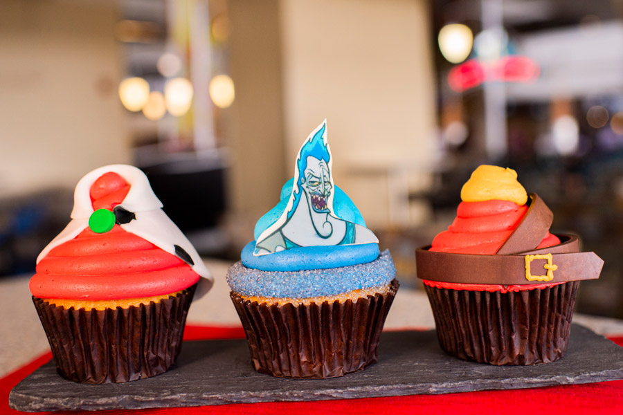 Villain Cupcakes from Contempo Café for Villaintines Day at Disney’s Contemporary Resort - Cruella de Vil Cupcake, Hades Cupcake and Gaston Cupcake