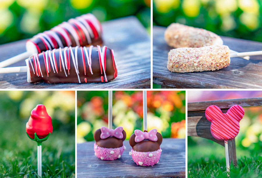 2020 Valentine’s Season Offerings at Disneyland Resort - Dark Chocolate Marshmallow Wand, Strawberry Shortcake Marshmallow Wand, Red Rose Cake Pop, Pink Minnie Cake Pop, Strawberry Cake Pop