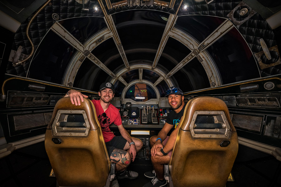 NASCAR Cup Series Drivers Ryan Blaney and Bubba Wallace pilot the Millennium Falcon in Star Wars: Galaxy’s Edge