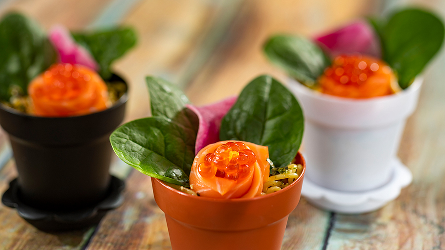 Offerings from Japan Marketplace for the 2020 Epcot Taste of International Food & Wine Festival - Chirashi Sushi Flowerpot: Fresh-cut Salmon, Salmon Roe, and Spinach served over Sushi Rice with Furikake and topped with Poke Sauce 