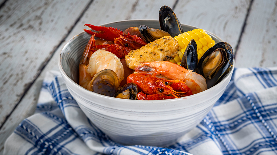 Offerings from Hops & Barley Marketplace for the 2020 Epcot Taste of International Food & Wine Festival - Southern Seafood Boil: Shrimp, Mussels, Crawfish, Potatoes, Corn, and Andouille Sausage 
