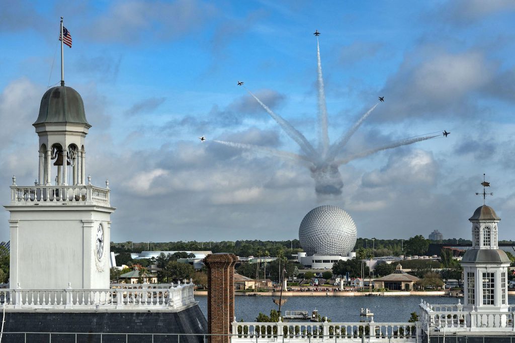 U.S. Air Force Thunderbirds fly over Spaceship Earth at EPCOT