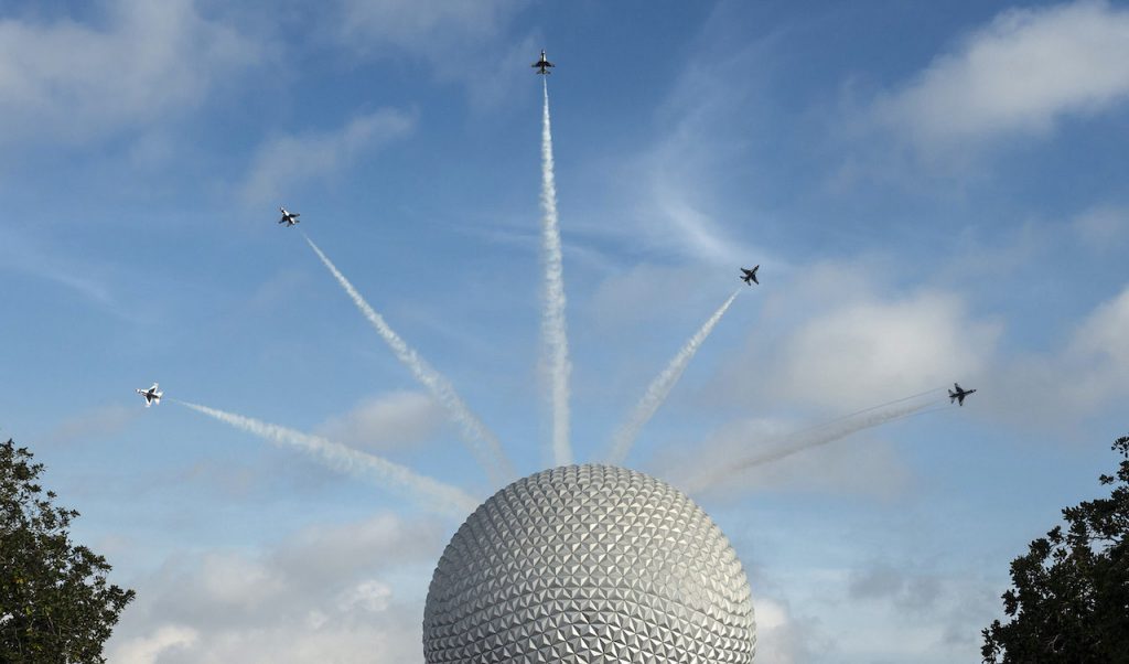 U.S. Air Force Thunderbirds fly over Spaceship Earth at EPCOT