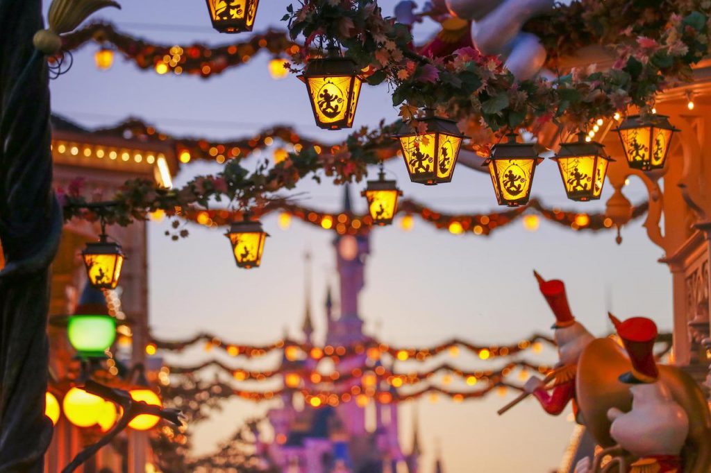 Sunset on Halloween decorations at Disneyland Paris