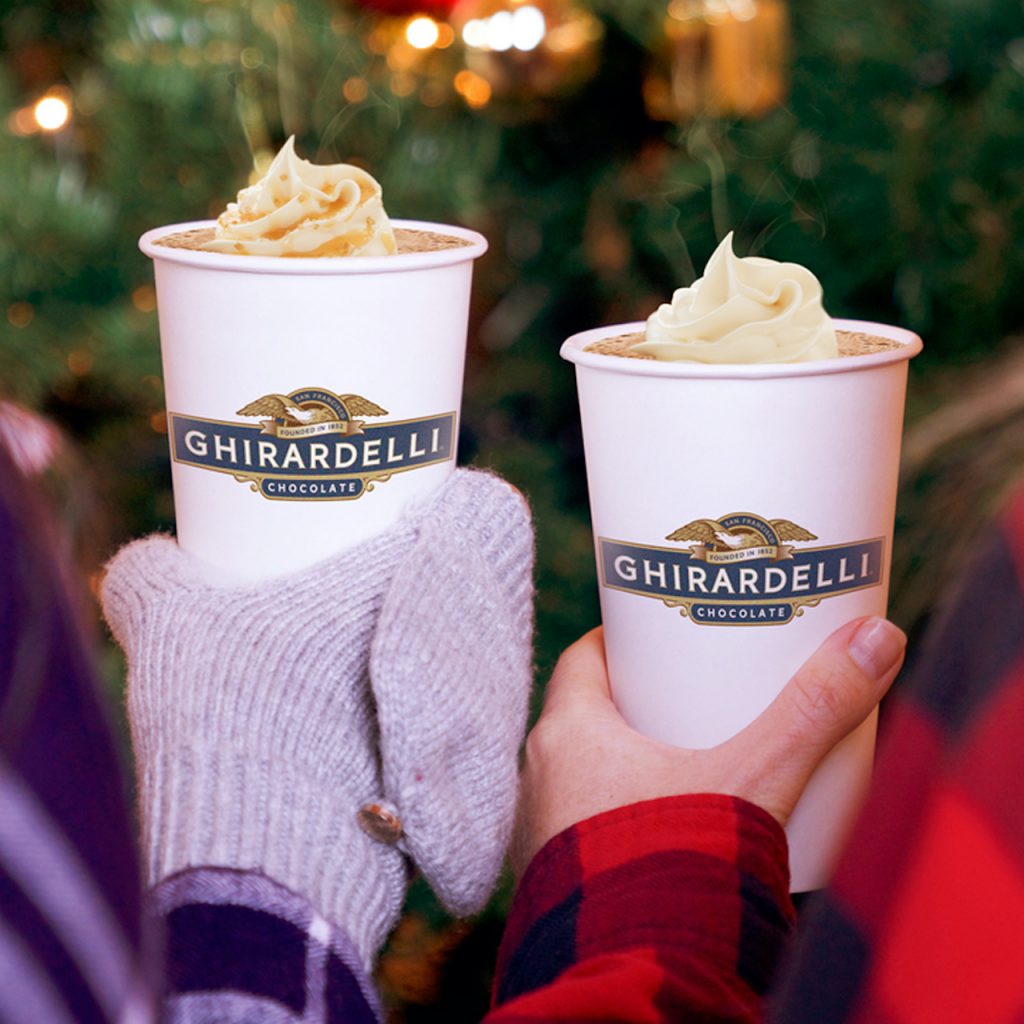 Ghirardelli White Chocolate Caramel Steamer and Peppermint Hot Cocoa, Ghirardelli Soda Fountain & Chocolate Shop