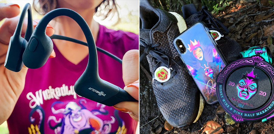 AfterShokz open-ear bone conduction headphones and Disney Villains x OtterBox case