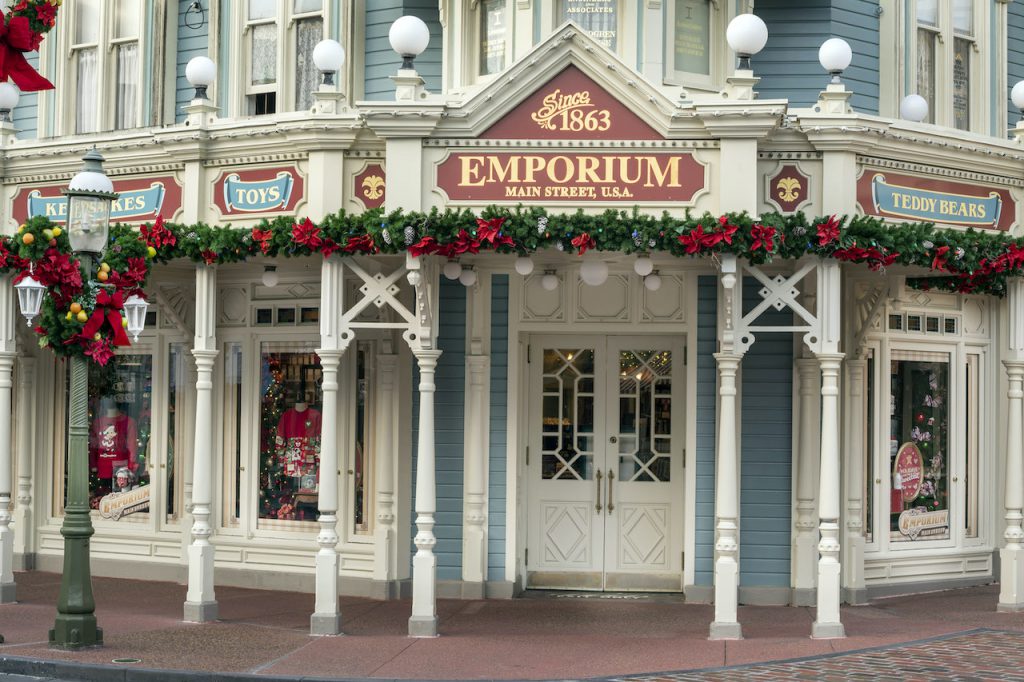 Holiday window decorations at the Emporium at Magic Kingdom Park