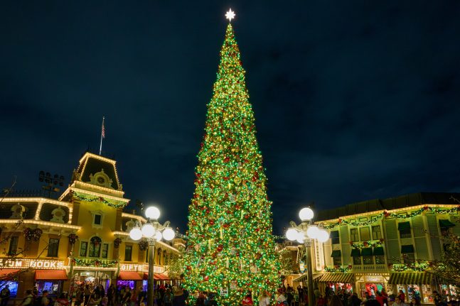 The Christmas tree at night on Main Street, U.S.A.