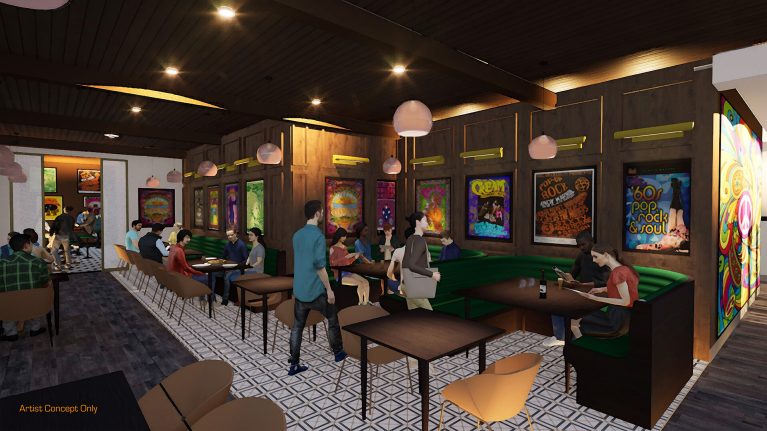 Concept art of the interior of The Carnaby Tavern in Downtown Disney at Disneyland Resort