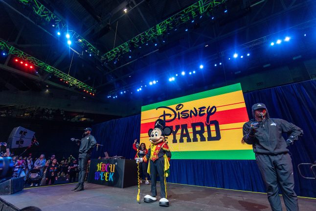 Mickey Mouse onstage at the HBCU Week Foundation College Fair