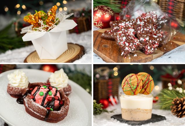 Orange Chicken Tenders; Brownie Peppermint Bark;  Holiday Red Velvet Waffle Sundae; Milk and Cookies Mousse