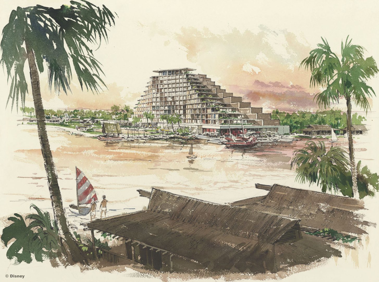 Concept art for the original design for the tower at Disney’s Polynesian Village Resort