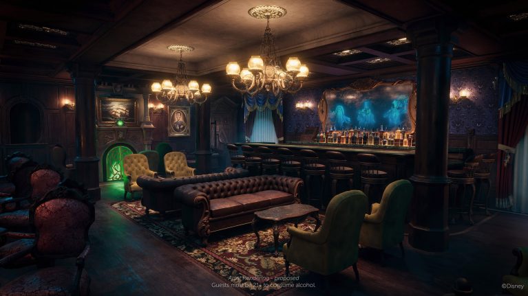 Concept art of the Haunted Mansion Parlor onboard the Disney Treasure